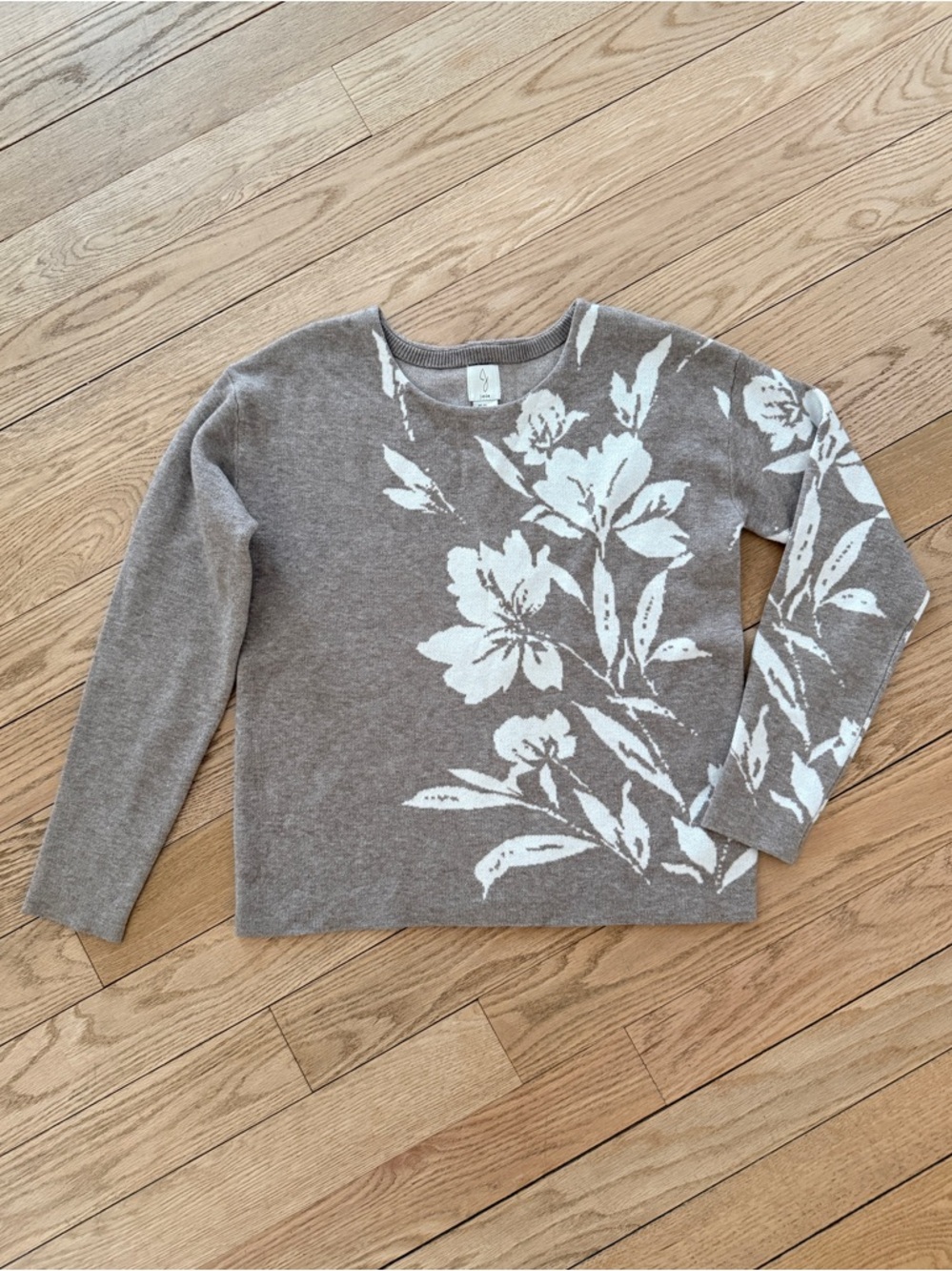 Joie Taupe Crewneck Sweater with White Floral Design XS